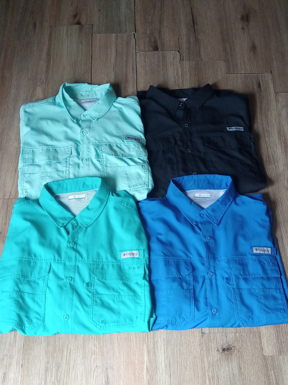 Lot Of 4 Columbia PFG Omni Mens Long Sleeve Fishing Shirt Teal, Aqua,Blue, Black